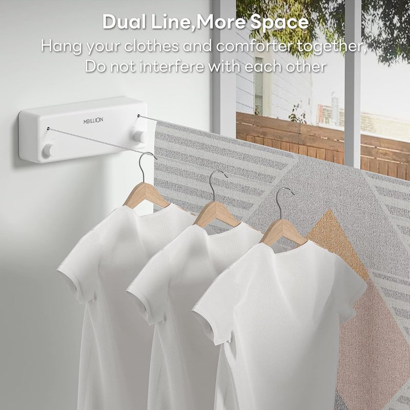 Mbillion Retractable Clothesline 13.8 Ft Stainless Steel Double Clothes line retracting Indoor Heavy Duty Retractable Laundry Line Wall Mounted (Double Line-White) - Image 4